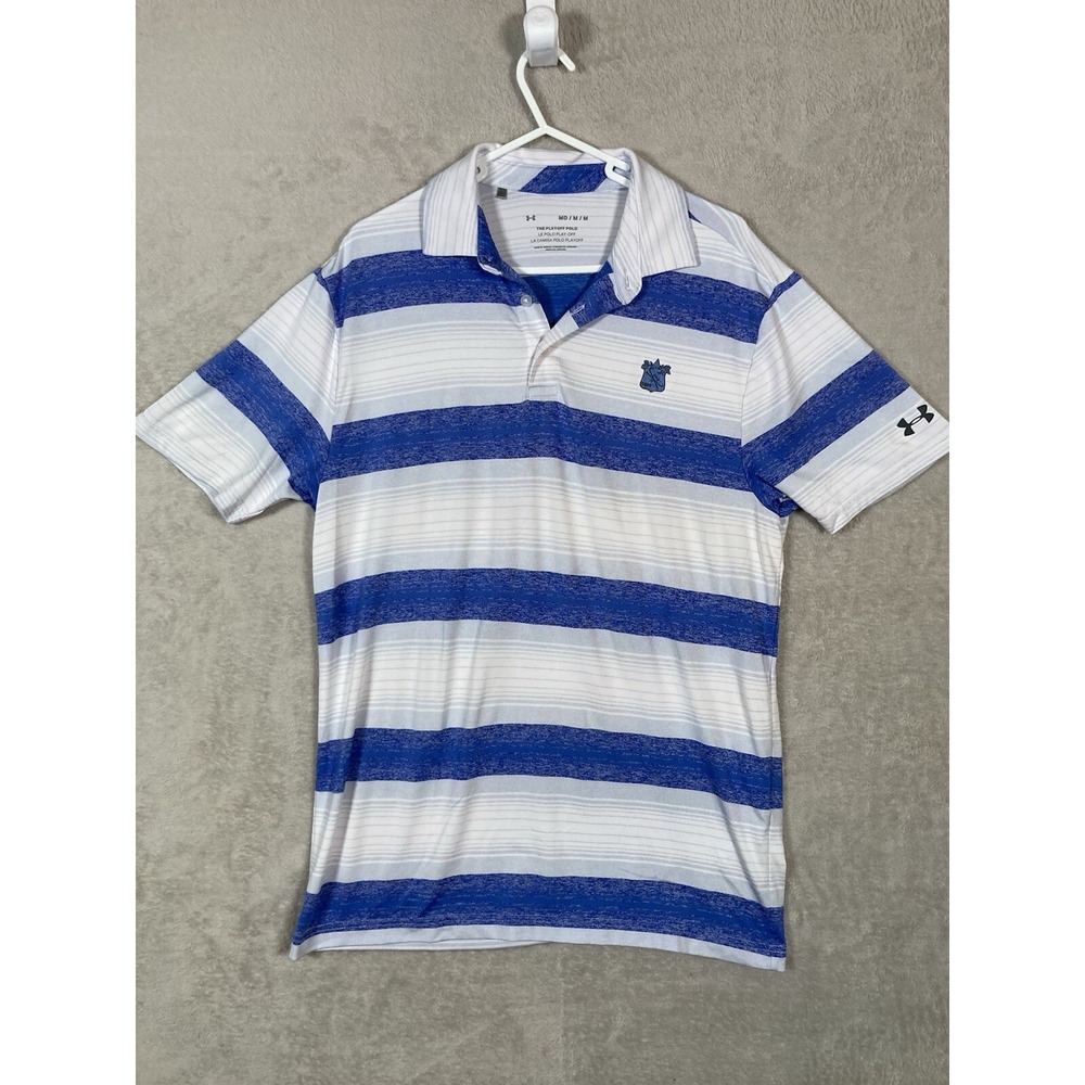 Under Armour Playoff Polo Mens Medium Blue White Striped Golf Performance Shirt